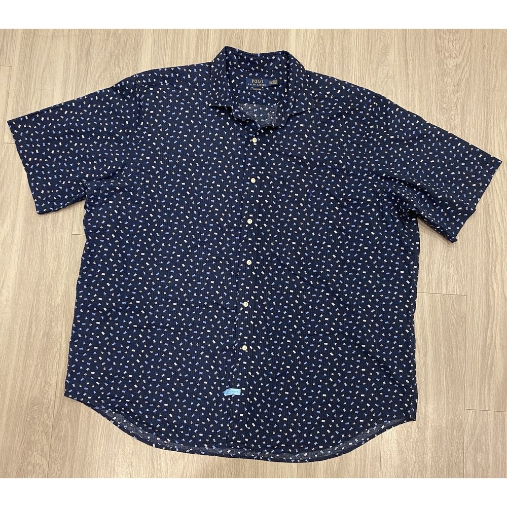 Polo Ralph Lauren Mens 2XLT Navy RL Flag Seersucker Short Sleeve Button Up Shirt